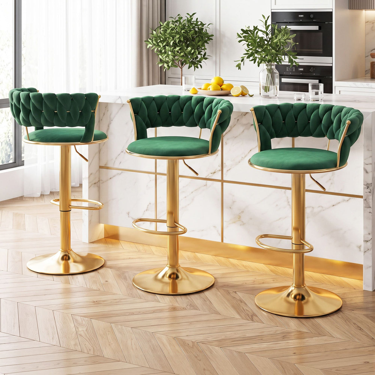 Set of 3 Vivien Adjustable Velvet Bar Stools with Woven Backrest - Green