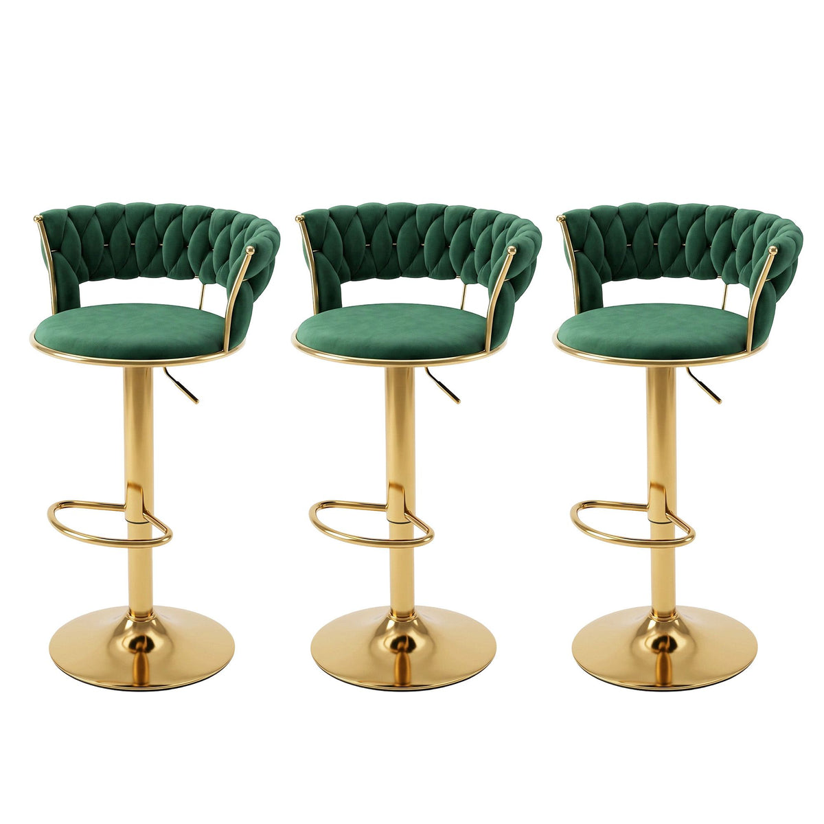 Set of 3 Vivien Adjustable Velvet Bar Stools with Woven Backrest - Green
