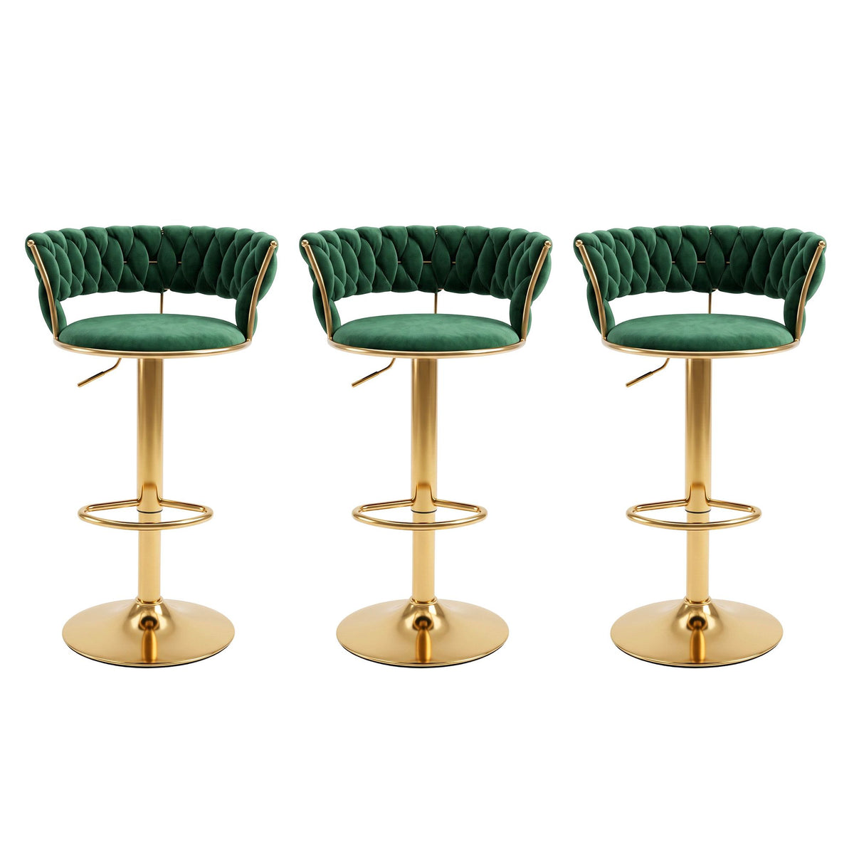 Set of 3 Vivien Adjustable Velvet Bar Stools with Woven Backrest - Green