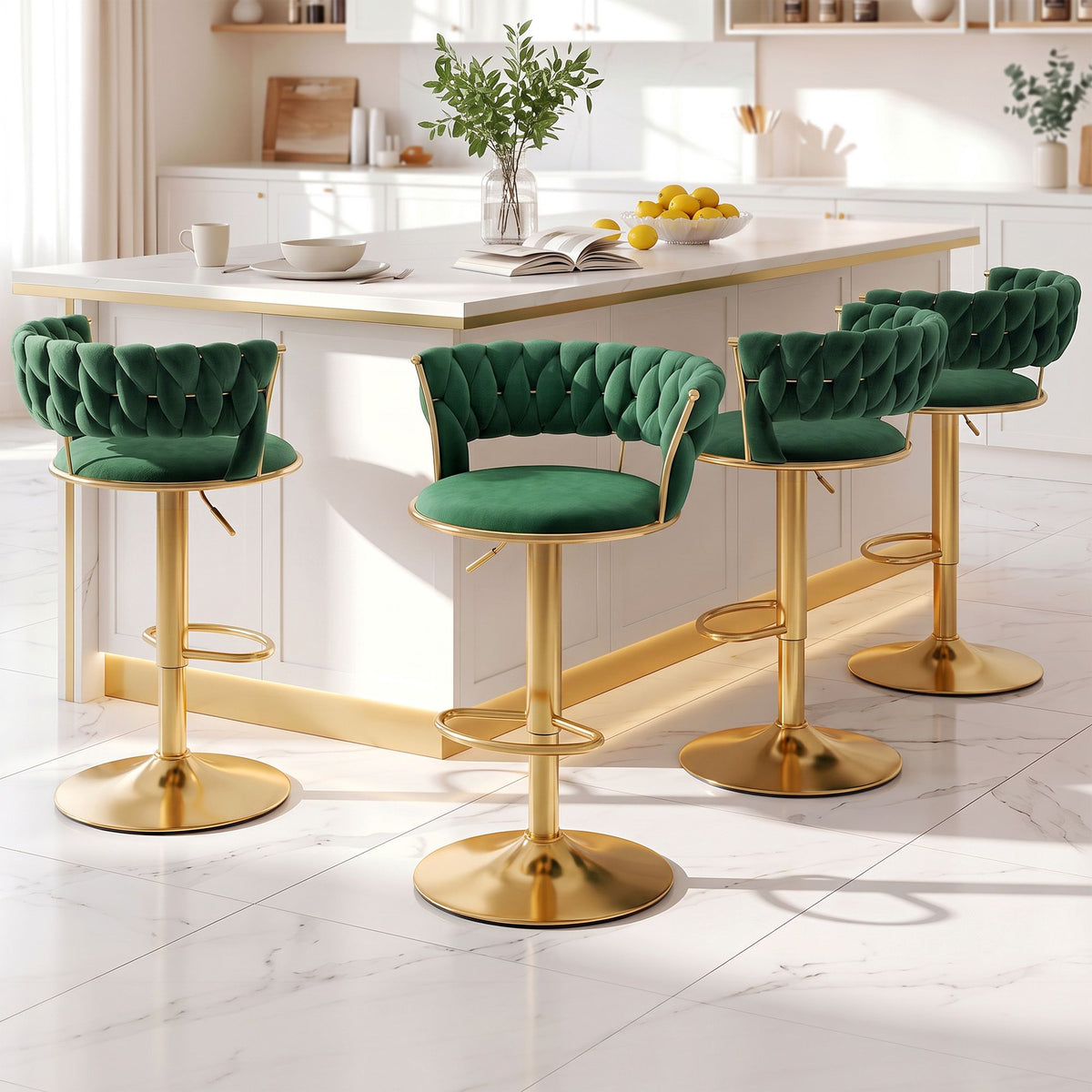 Set of 4 Vivien Gas Lift Adjustable Velvet Bar Stools with Woven Backrest - Green