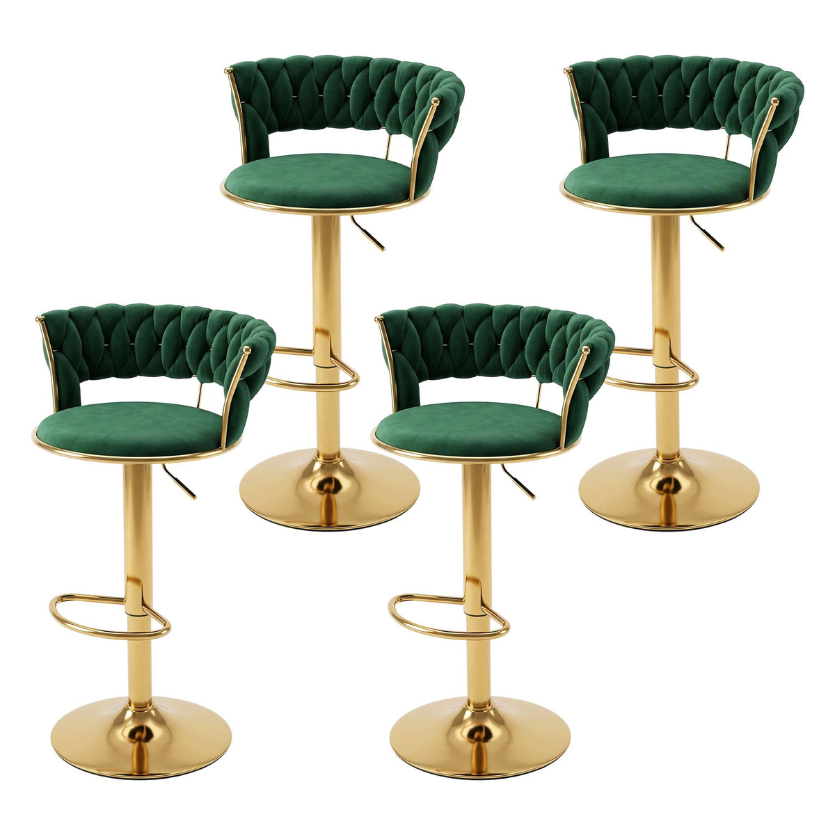Set of 4 Vivien Gas Lift Adjustable Velvet Bar Stools with Woven Backrest - Green