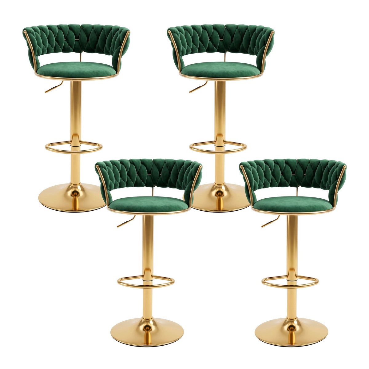 Set of 4 Vivien Gas Lift Adjustable Velvet Bar Stools with Woven Backrest - Green