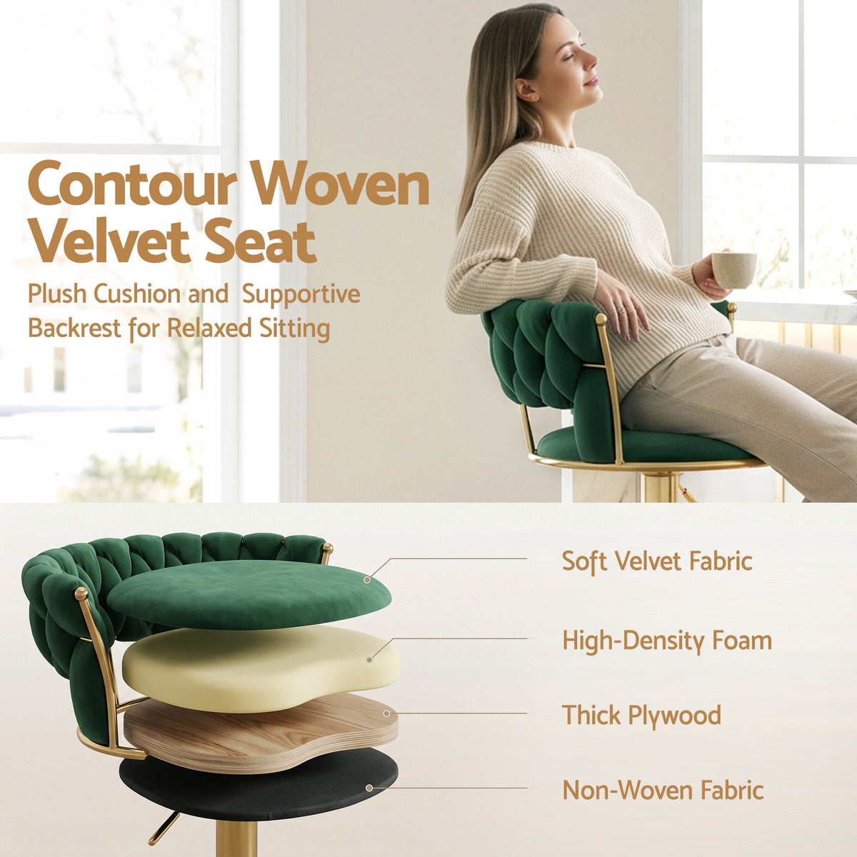 Set of 4 Vivien Gas Lift Adjustable Velvet Bar Stools with Woven Backrest - Green