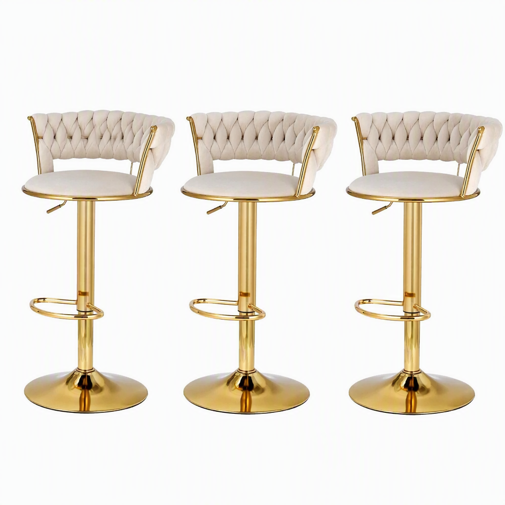 Set of 3 Velvet Gas Lift Kitchen Counter Bar Stools with Woven Backrest - Ivory