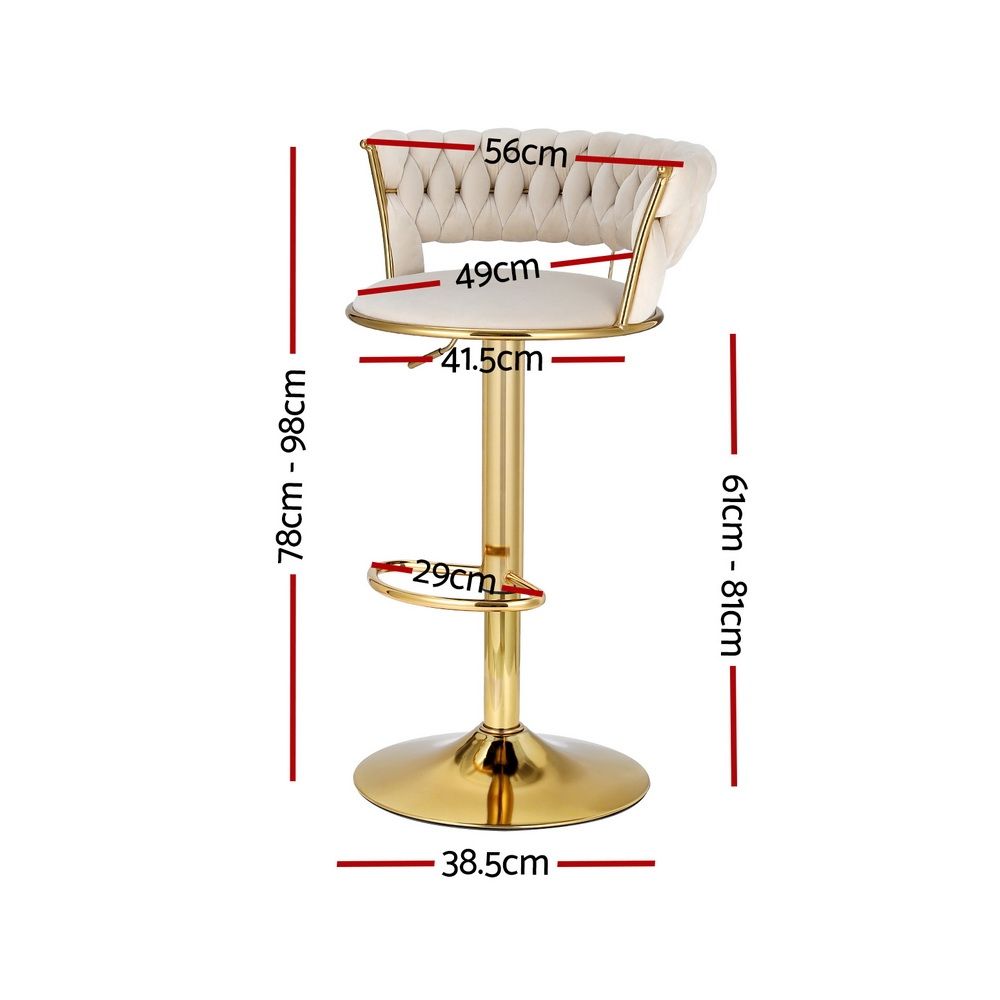Set of 3 Velvet Gas Lift Kitchen Counter Bar Stools with Woven Backrest - Ivory