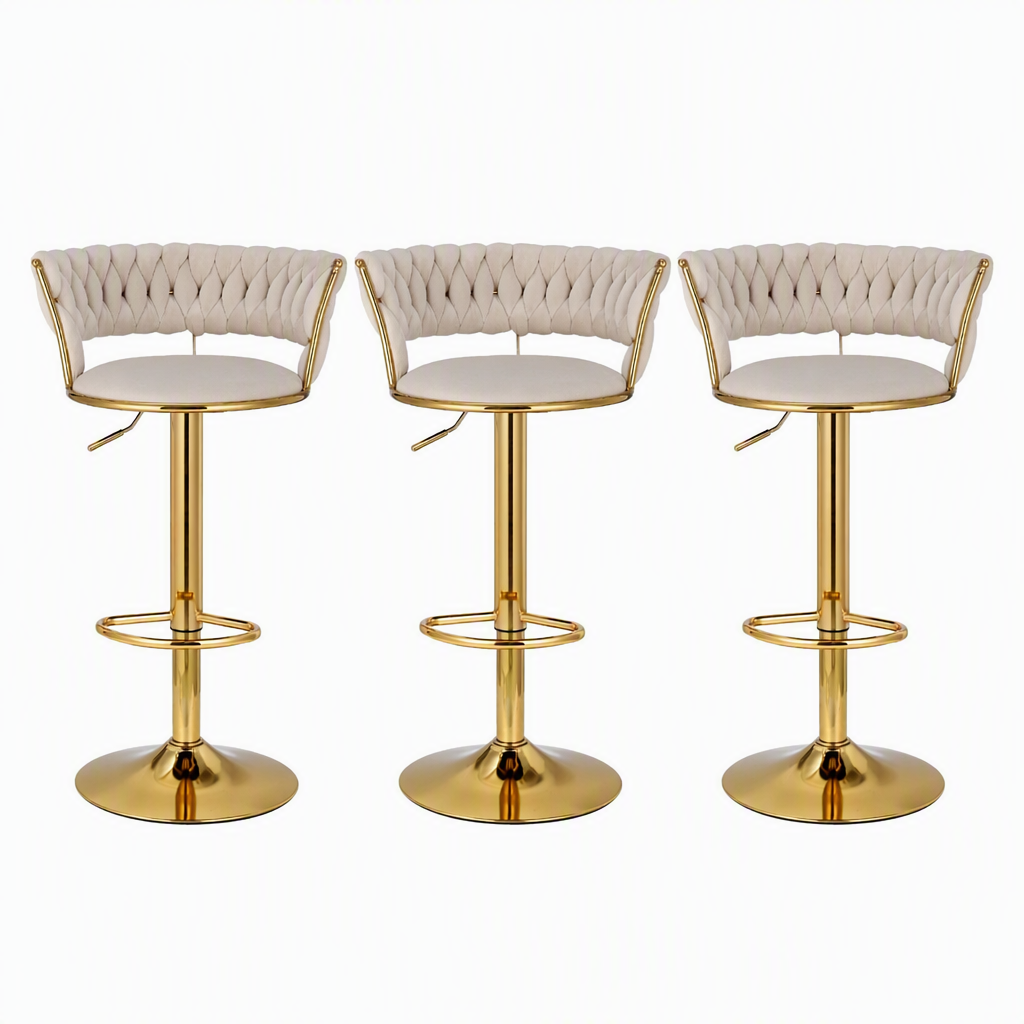 Set of 3 Velvet Gas Lift Kitchen Counter Bar Stools with Woven Backrest - Ivory