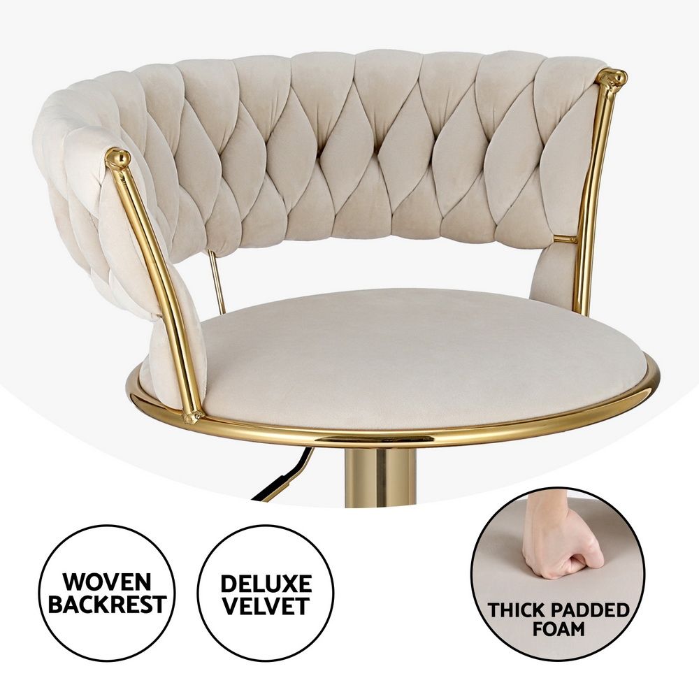 Set of 3 Velvet Gas Lift Kitchen Counter Bar Stools with Woven Backrest - Ivory