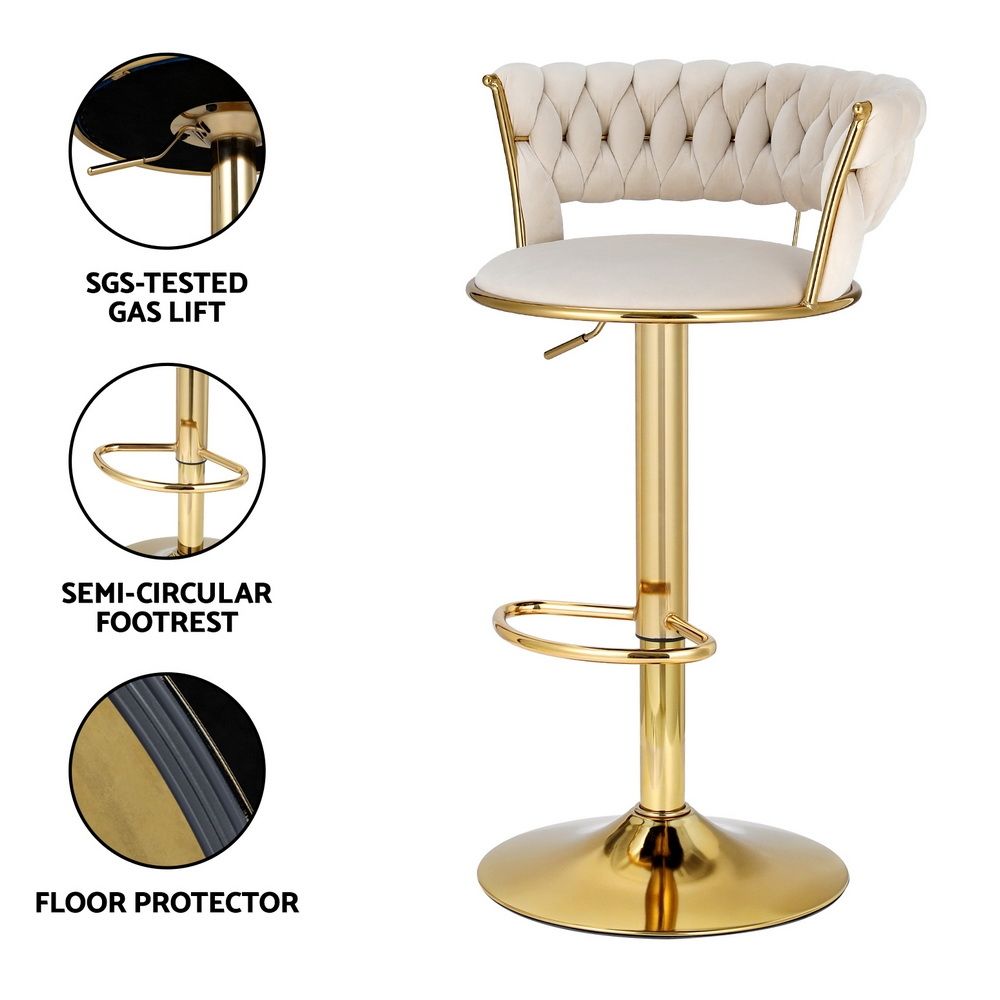 Set of 3 Velvet Gas Lift Kitchen Counter Bar Stools with Woven Backrest - Ivory