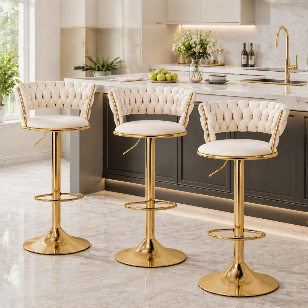Set of 3 Velvet Gas Lift Kitchen Counter Bar Stools with Woven Backrest - Ivory