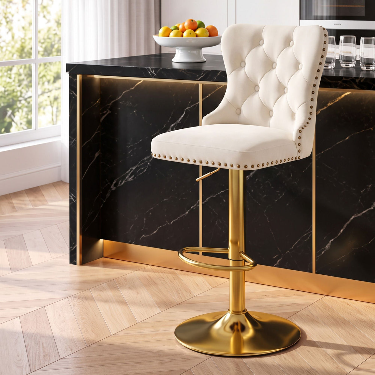Adjustable Velvet Nailhead Trim Bar Stool Counter Chair - Ivory
