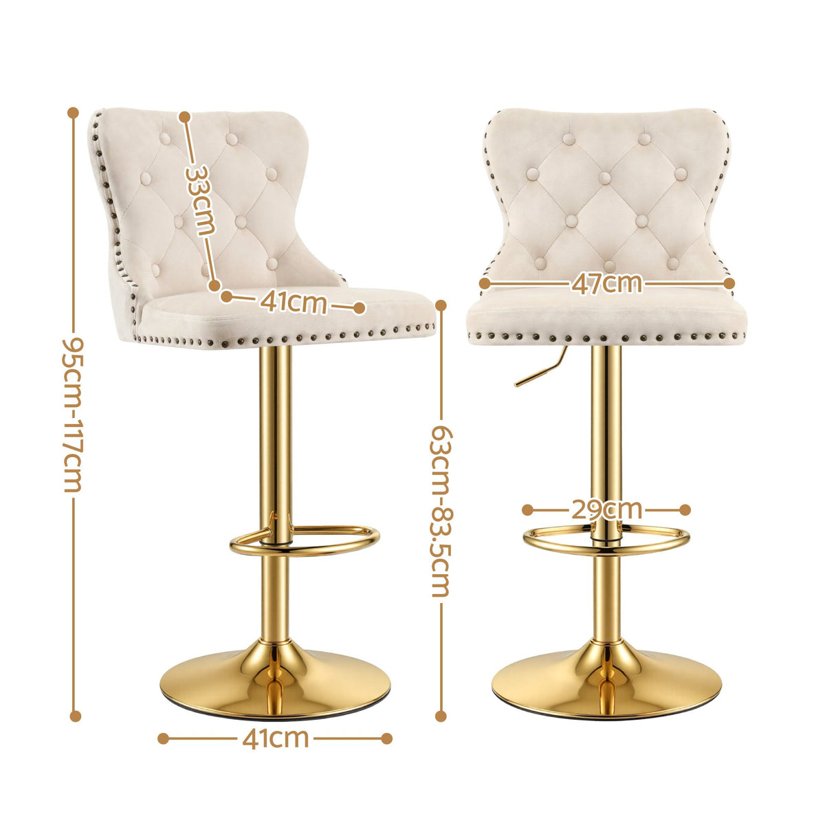 Adjustable Velvet Nailhead Trim Bar Stool Counter Chair - Ivory