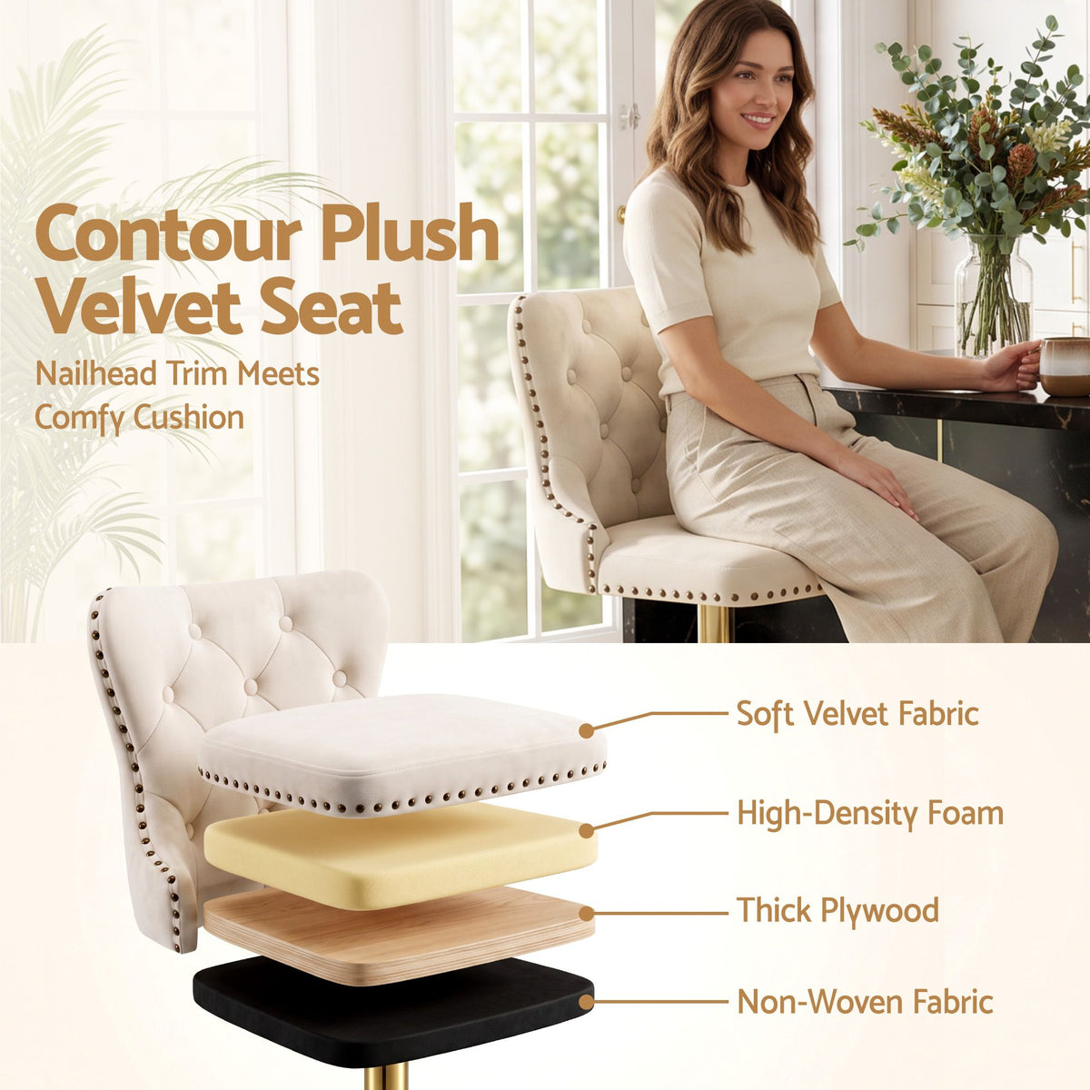 Adjustable Velvet Nailhead Trim Bar Stool Counter Chair - Ivory