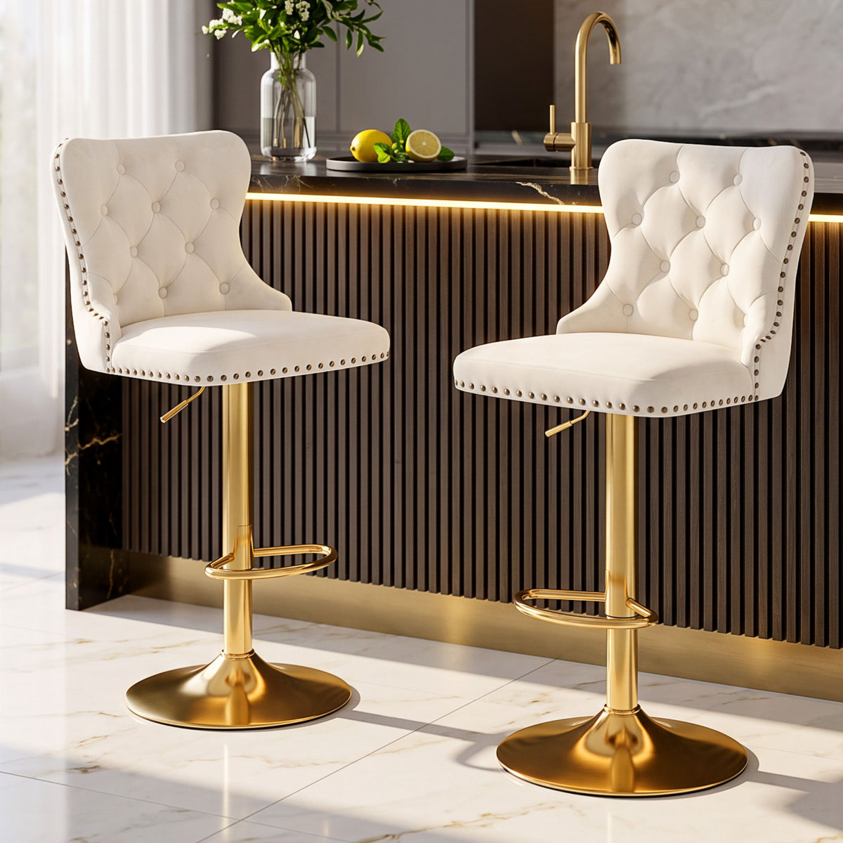 Set of 2 Adjustable Velvet Nailhead Trim Bar Stools - Ivory