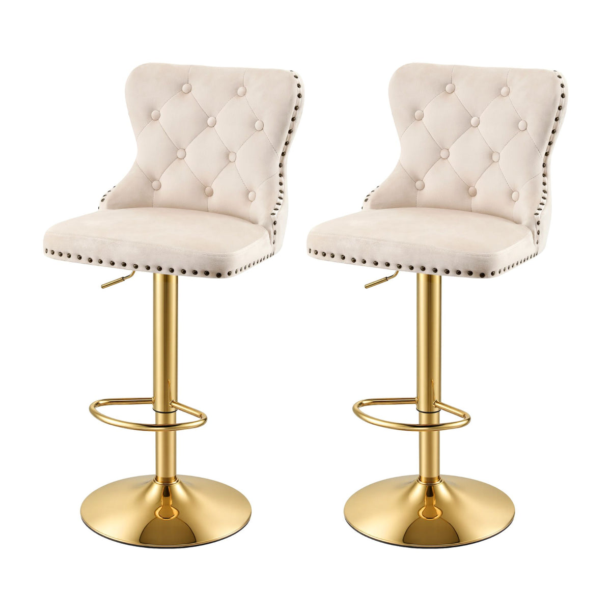 Set of 2 Adjustable Velvet Nailhead Trim Bar Stools - Ivory