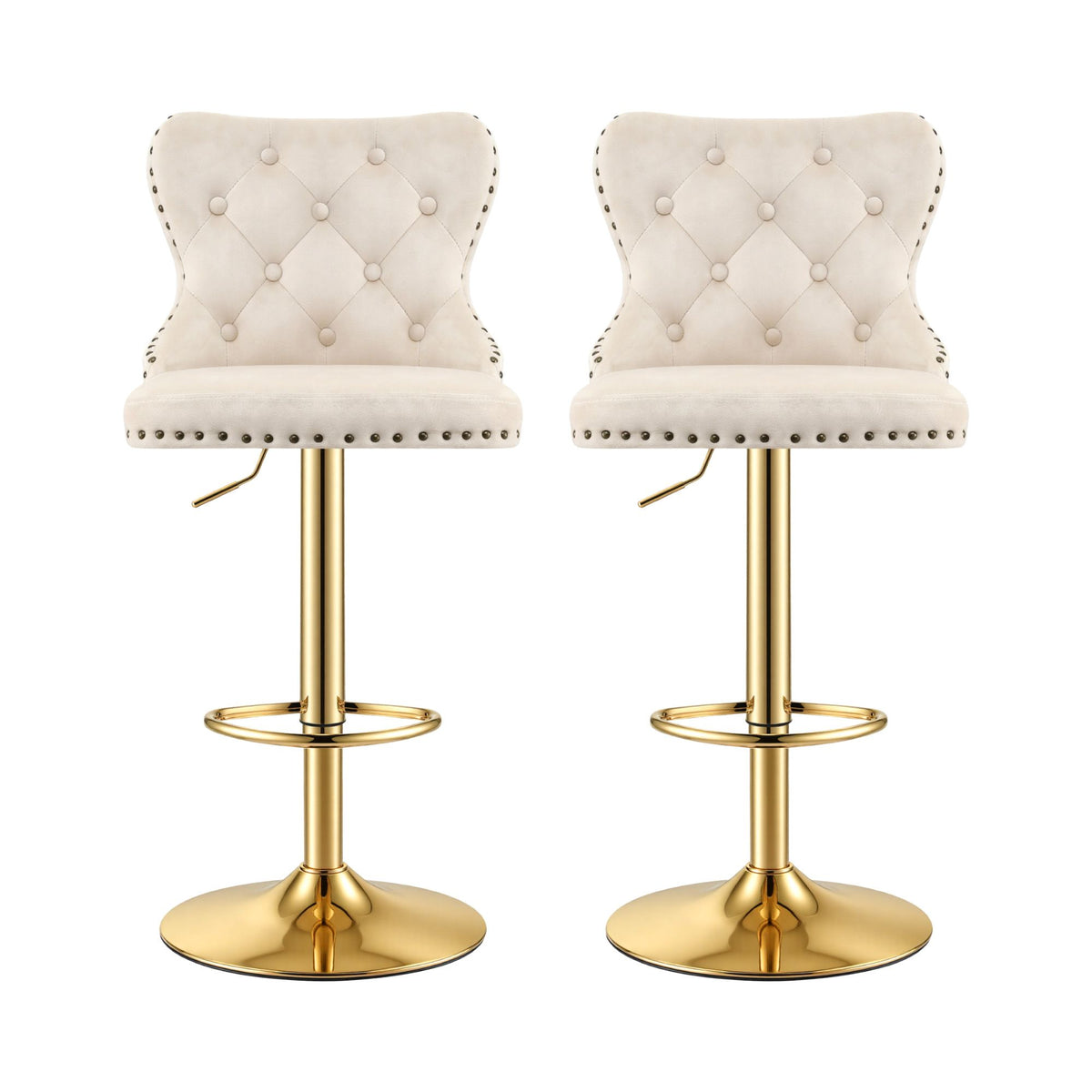 Set of 2 Adjustable Velvet Nailhead Trim Bar Stools - Ivory