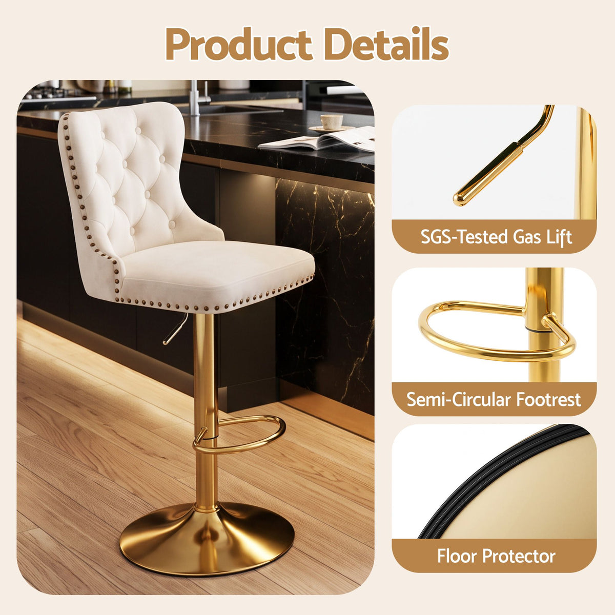 Set of 2 Adjustable Velvet Nailhead Trim Bar Stools - Ivory