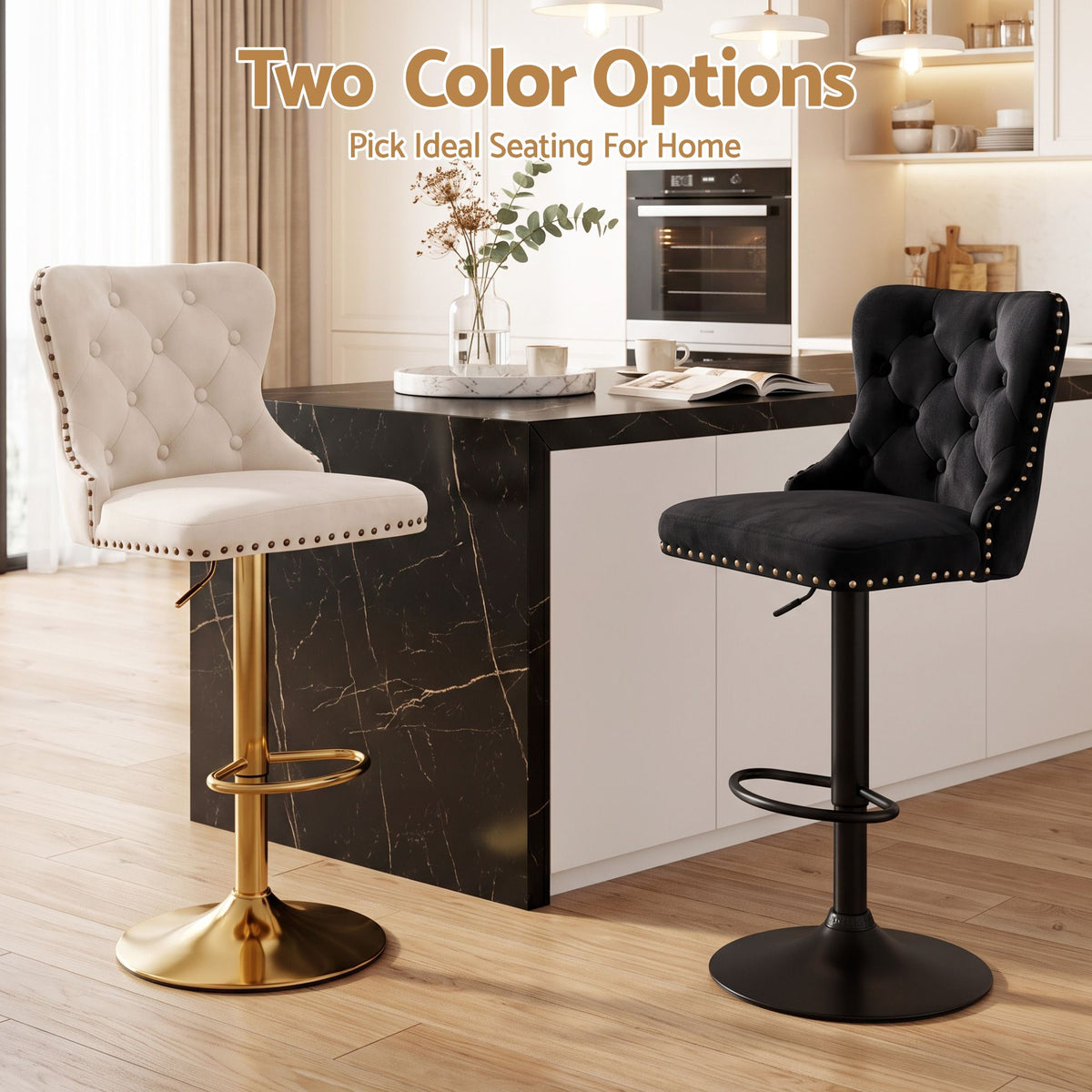 Set of 2 Adjustable Velvet Nailhead Trim Bar Stools - Ivory