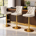 Set of 3 Adjustable Velvet Bar Stools with Nailhead Trim - Ivory