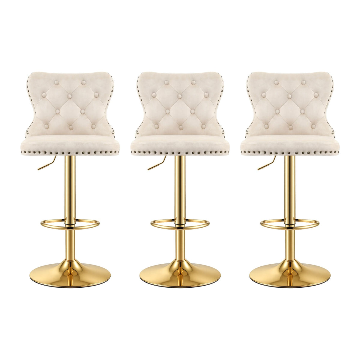 Set of 3 Adjustable Velvet Bar Stools with Nailhead Trim - Ivory