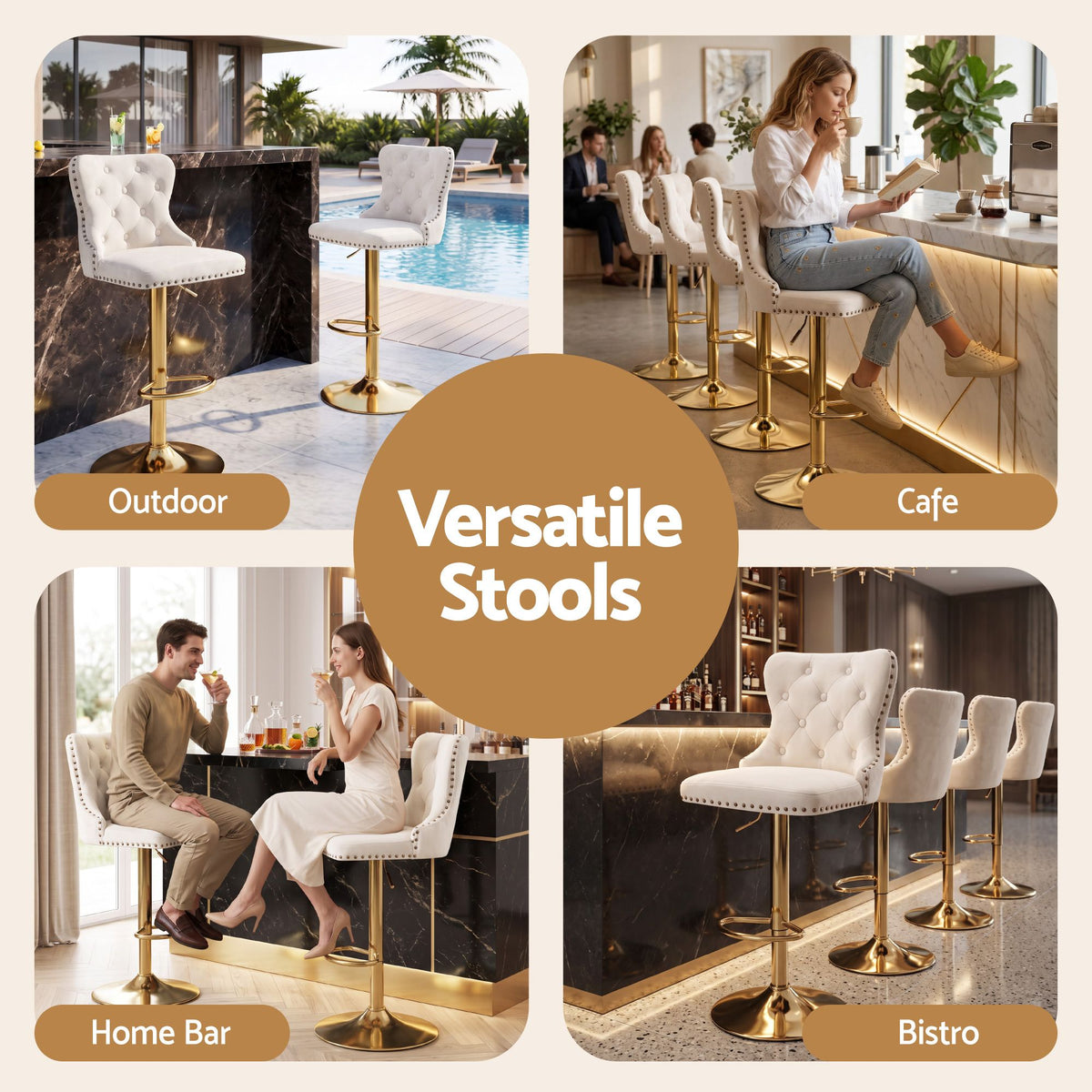 Set of 3 Adjustable Velvet Bar Stools with Nailhead Trim - Ivory