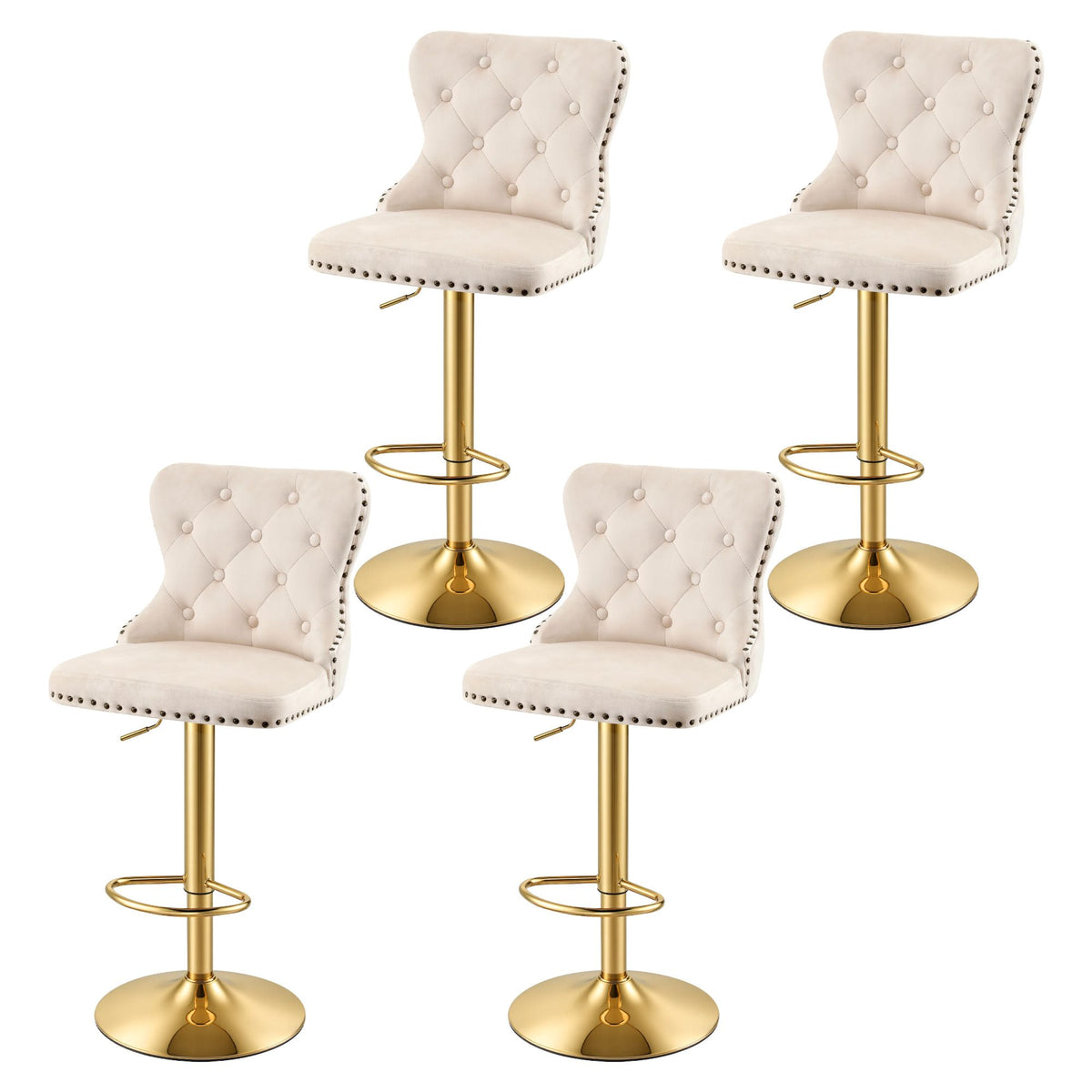 Set of 4 Adjustable Velvet Bar Stools with Nailhead Trim - Ivory
