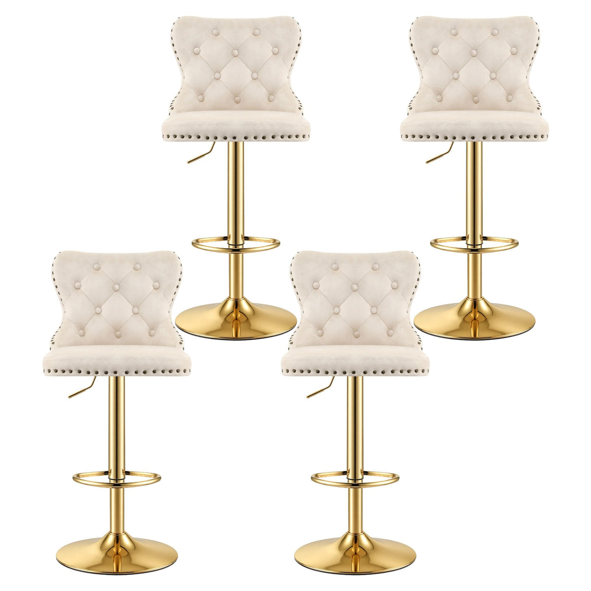 Set of 4 Adjustable Velvet Bar Stools with Nailhead Trim - Ivory