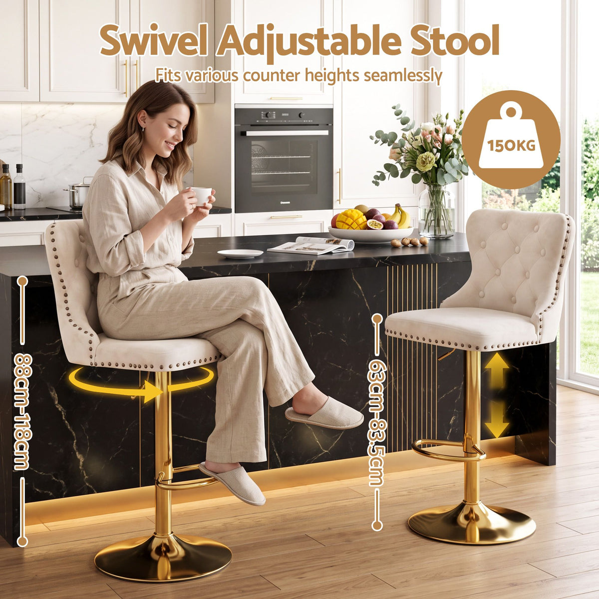 Set of 4 Adjustable Velvet Bar Stools with Nailhead Trim - Ivory