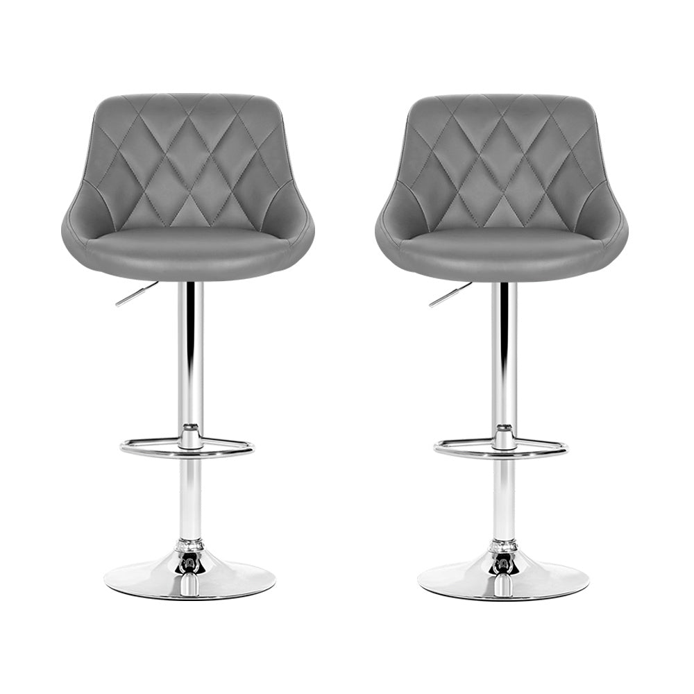 Set of 2 Bar Stools PU Leather Diamond Style - Grey