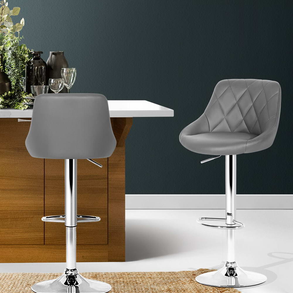 Set of 2 Bar Stools PU Leather Diamond Style - Grey