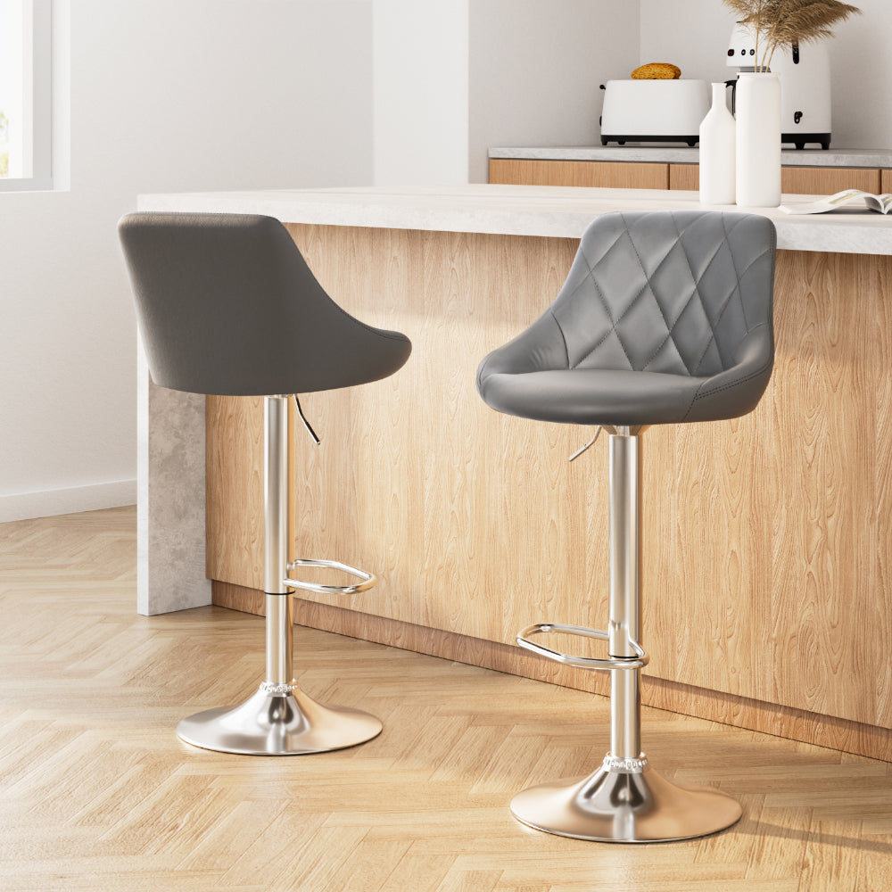 Set of 2 Bar Stools PU Leather Diamond Style - Grey