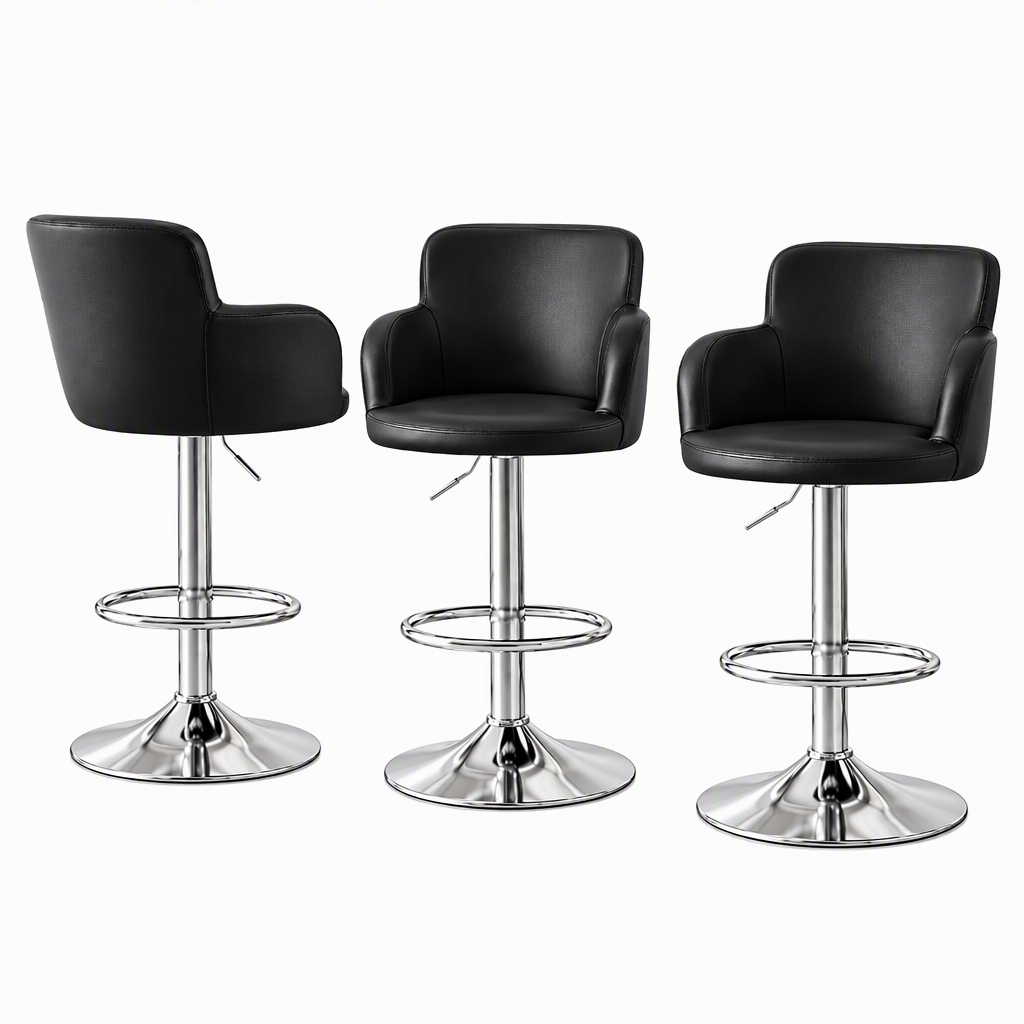 Set of 3 Adjustable Swivel Bar Stools with PU Leather Backrest - Black