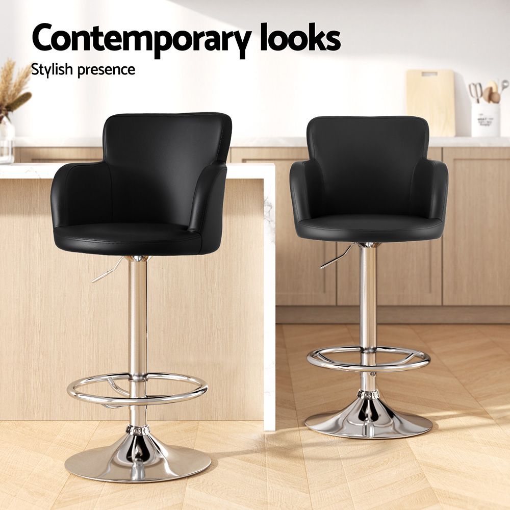 Set of 3 Adjustable Swivel Bar Stools with PU Leather Backrest - Black