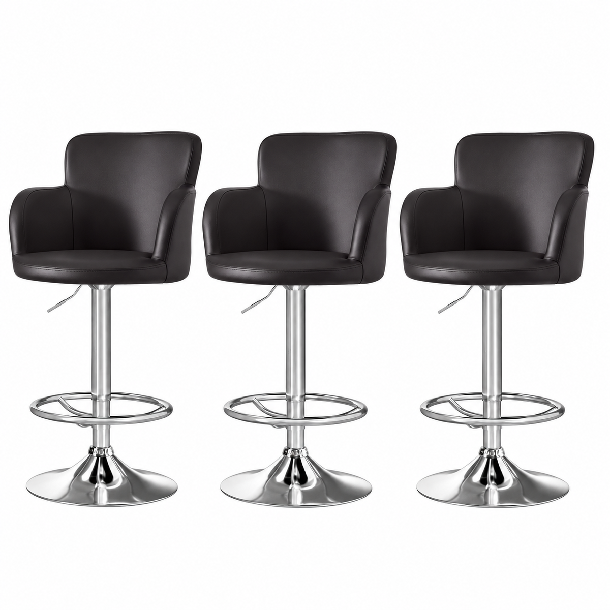 Set of 3 Swivel Adjustable Bar Stools with PU Leather Tub Chairs - Brown