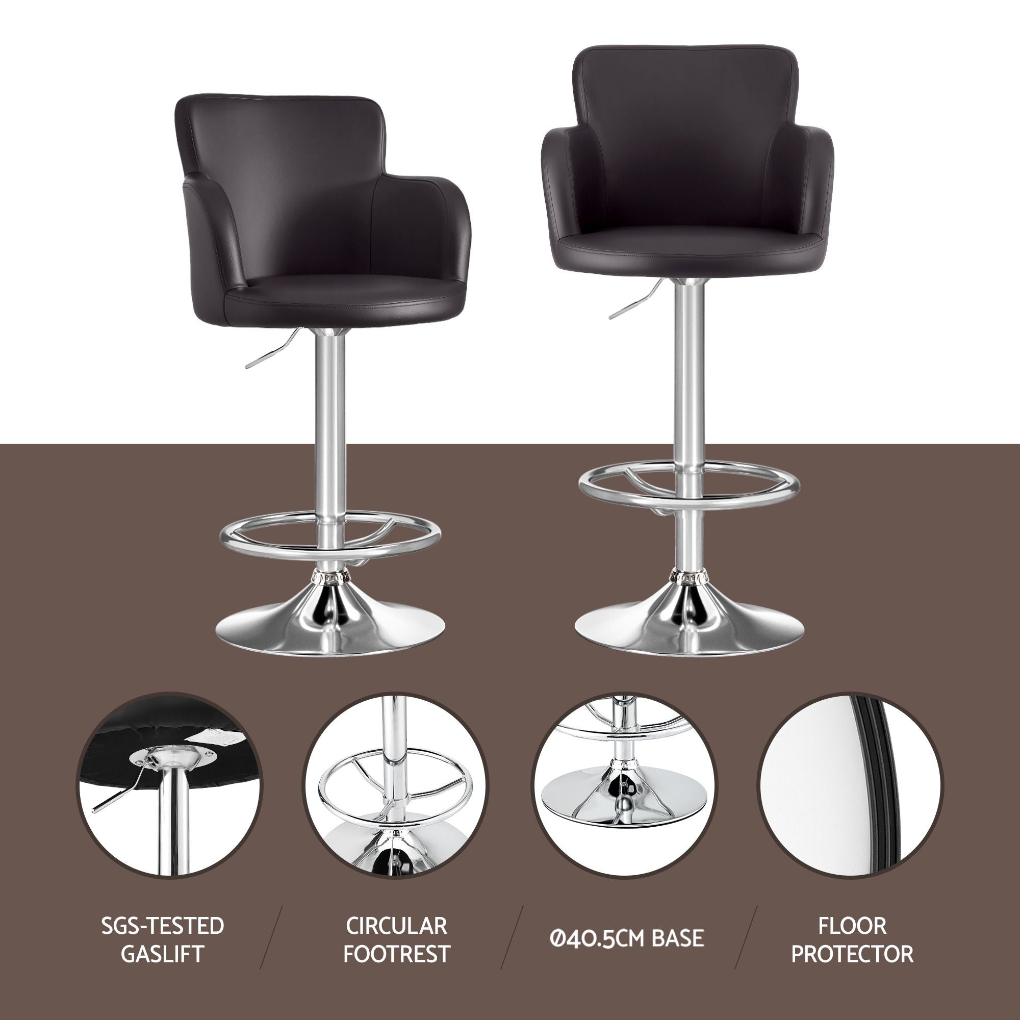 4x Bar Stools Swivel Kitchen Chairs Gas Lift Adjustable PU Leather Brown