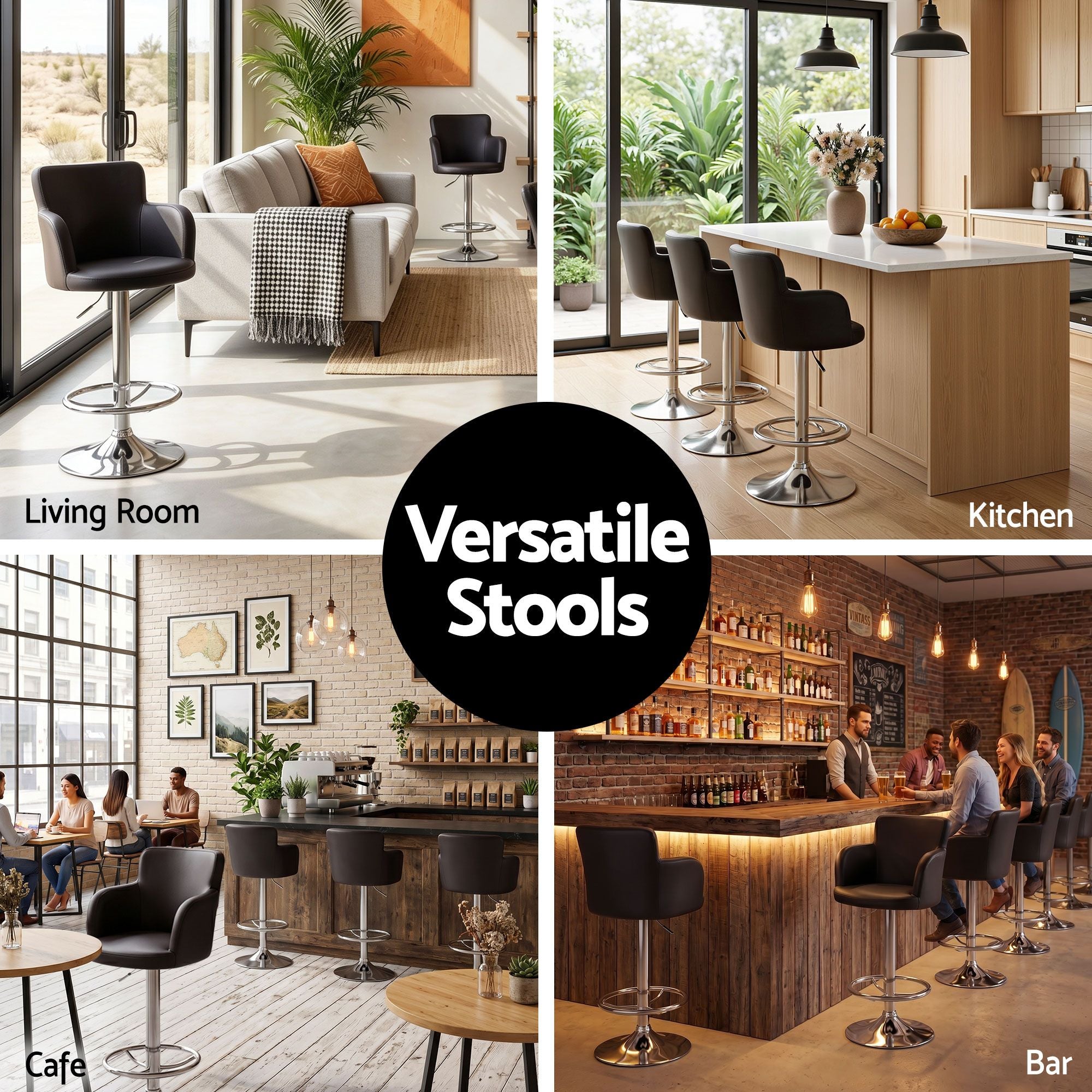 4x Bar Stools Swivel Kitchen Chairs Gas Lift Adjustable PU Leather Brown