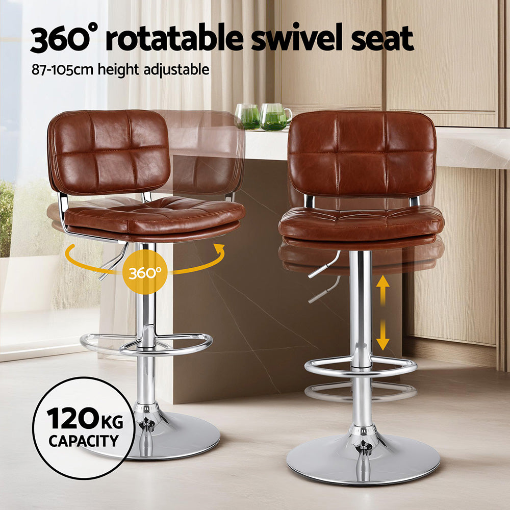 Set of 2 Emric Adjustable PU Leather Bar Stools - Brown