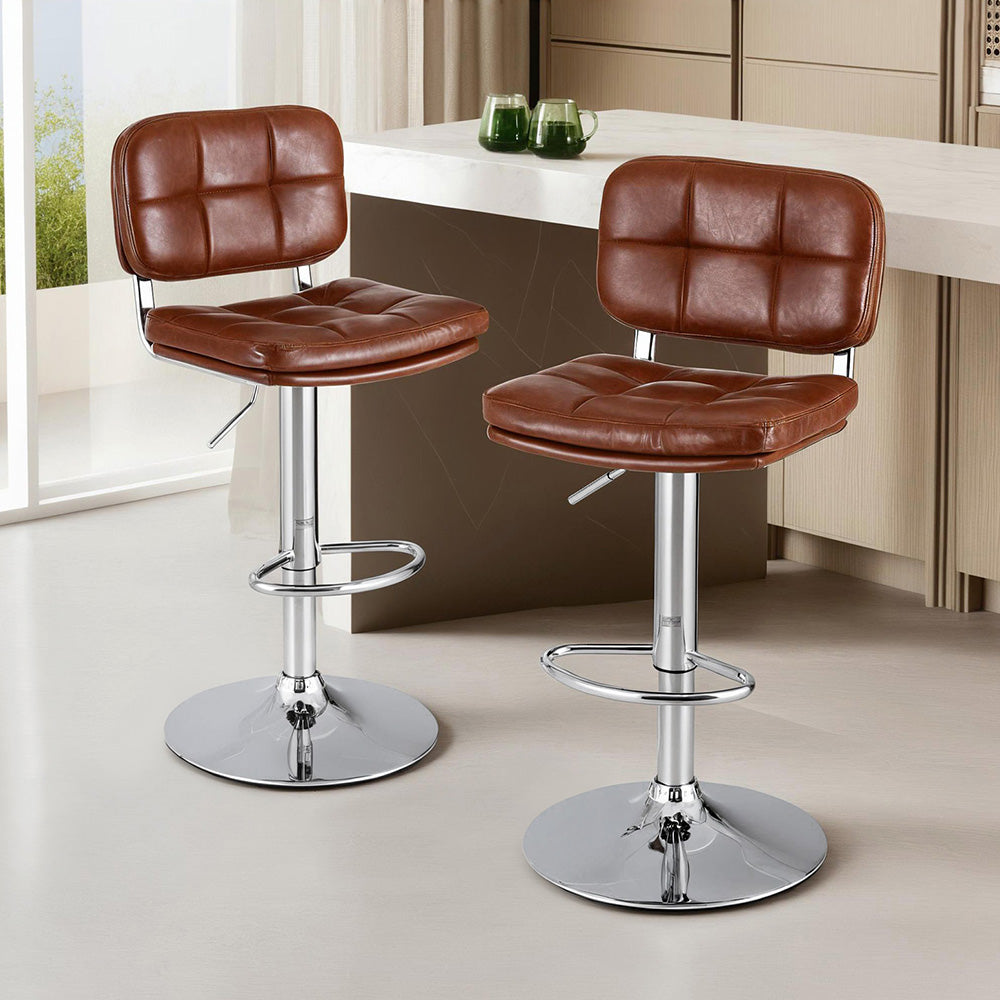 Set of 2 Emric Adjustable PU Leather Bar Stools - Brown