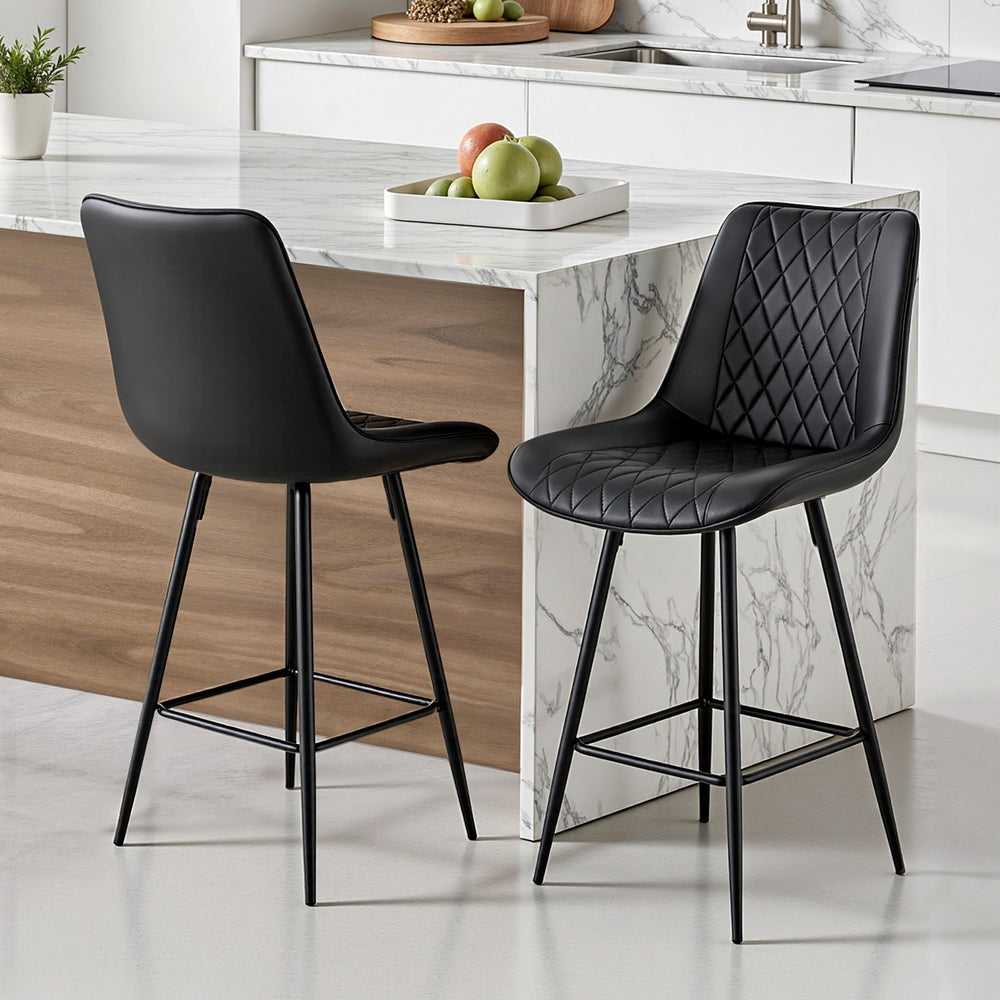 Set of 2 Ashton Diamond Leather Bar Stools – Black