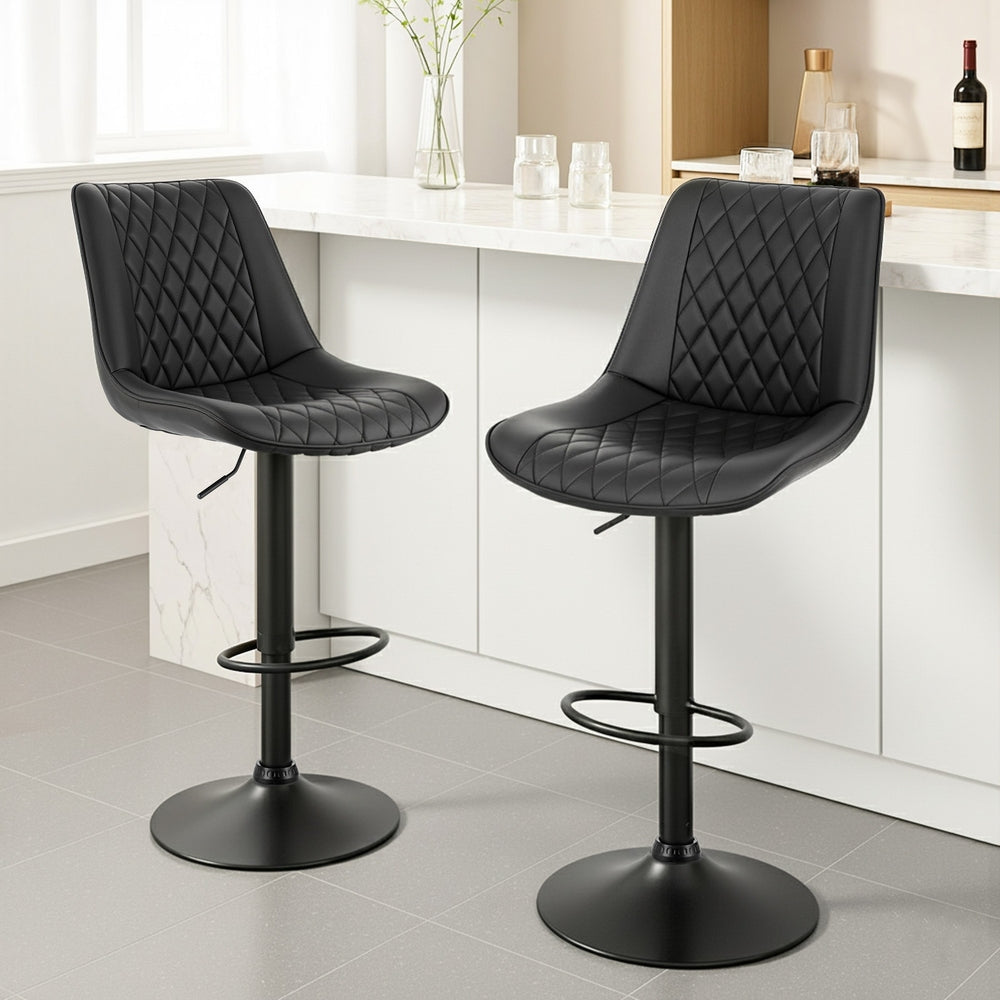 Set of 2 Quinn Adjustable Diamond Leather Bar Stools – Black