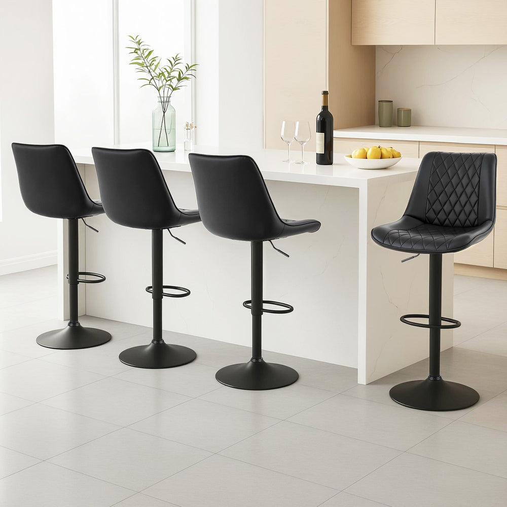 Set of 4 Quinn Adjustable Diamond Leather Bar Stools – Black