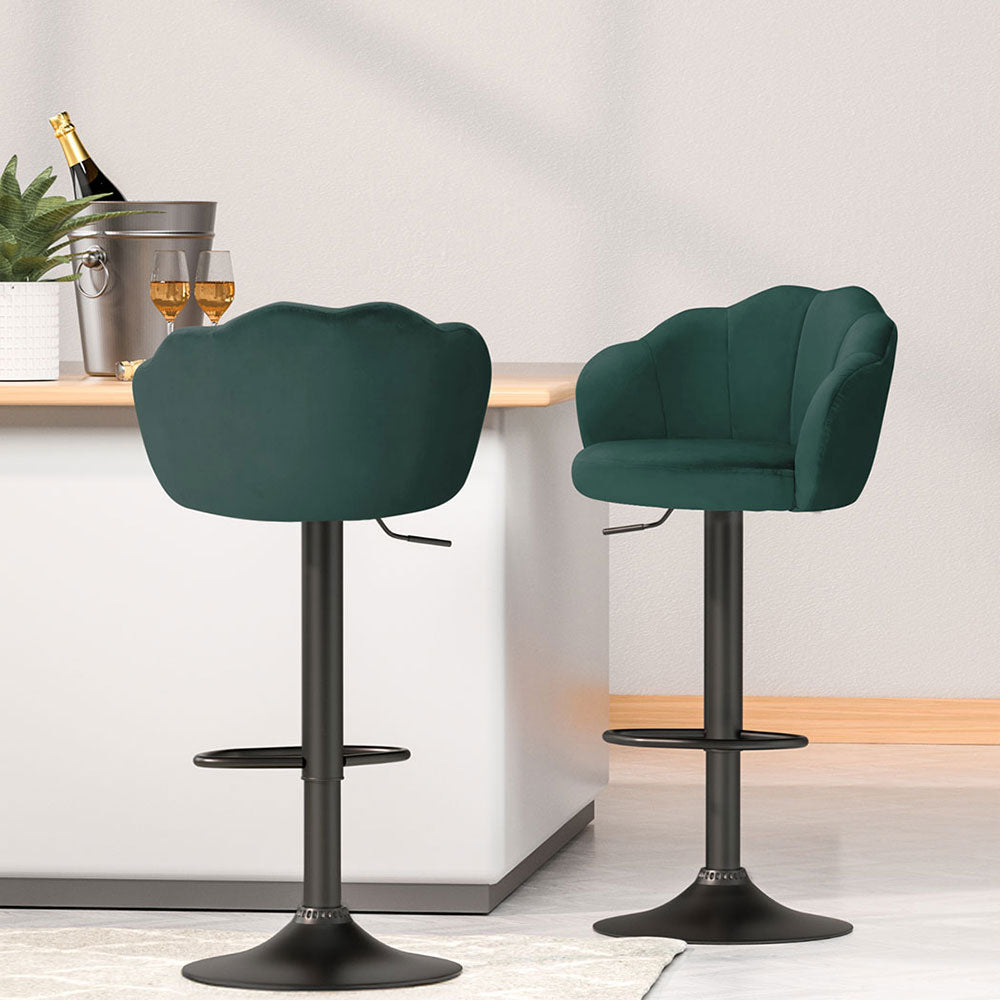 Set of 4 Velvet Clam Style Bar Stools - Green