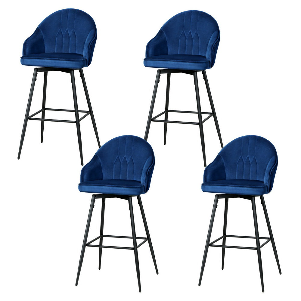 4x Bar Stools Velvet Swivel Metal Legs Blue