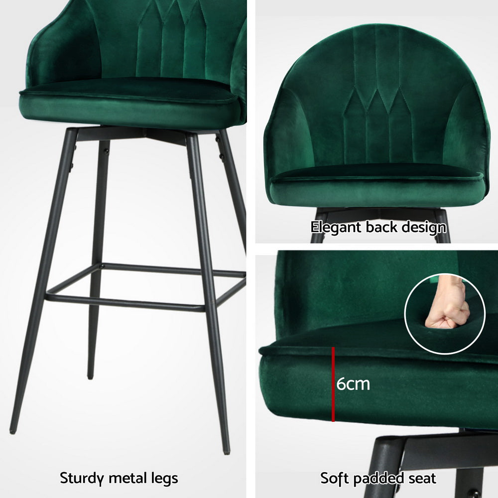 4x Bar Stools Velvet Swivel Metal Legs Green