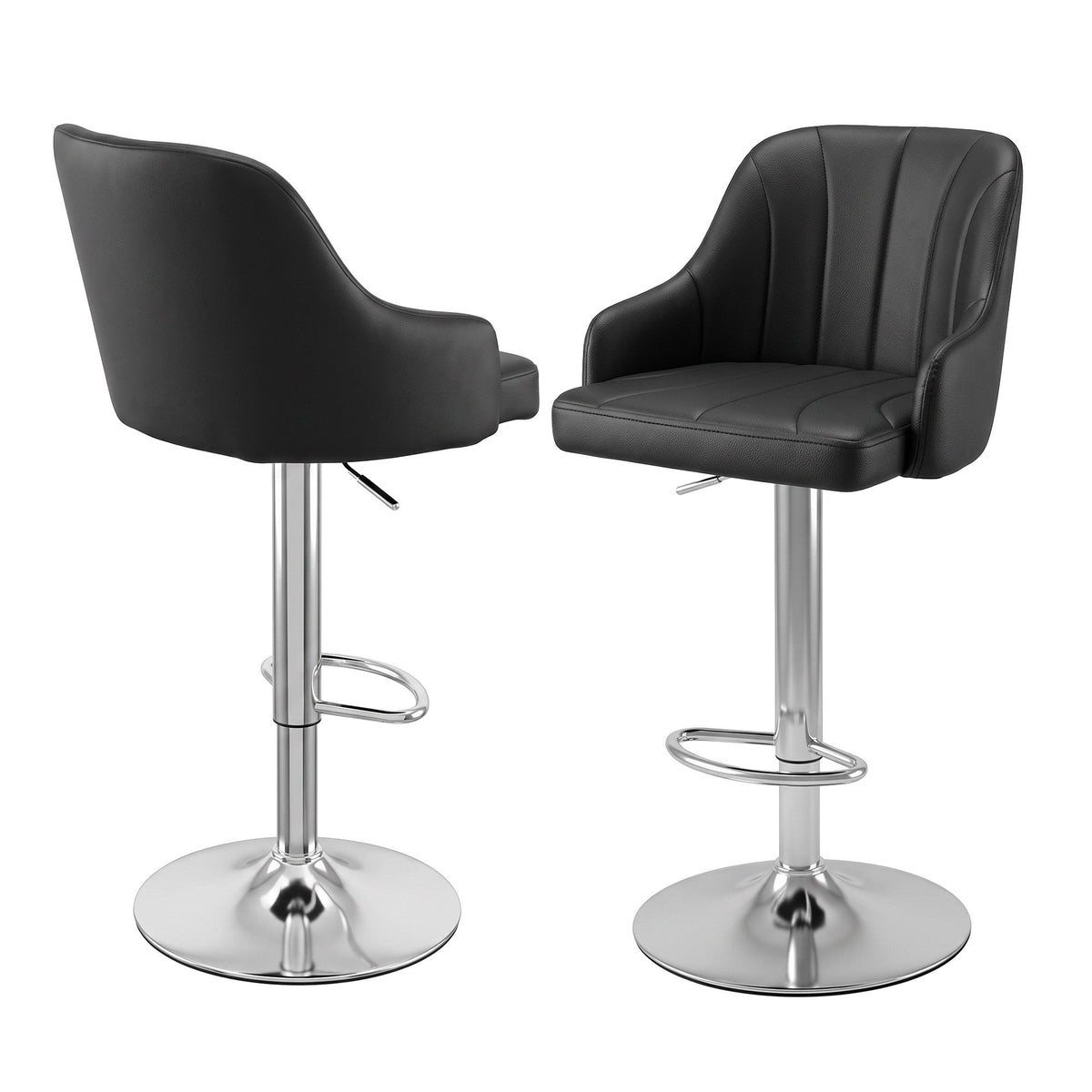 Set of 2 Gas Lift Adjustable Bar Stools with Curved Striped Backrest - Black