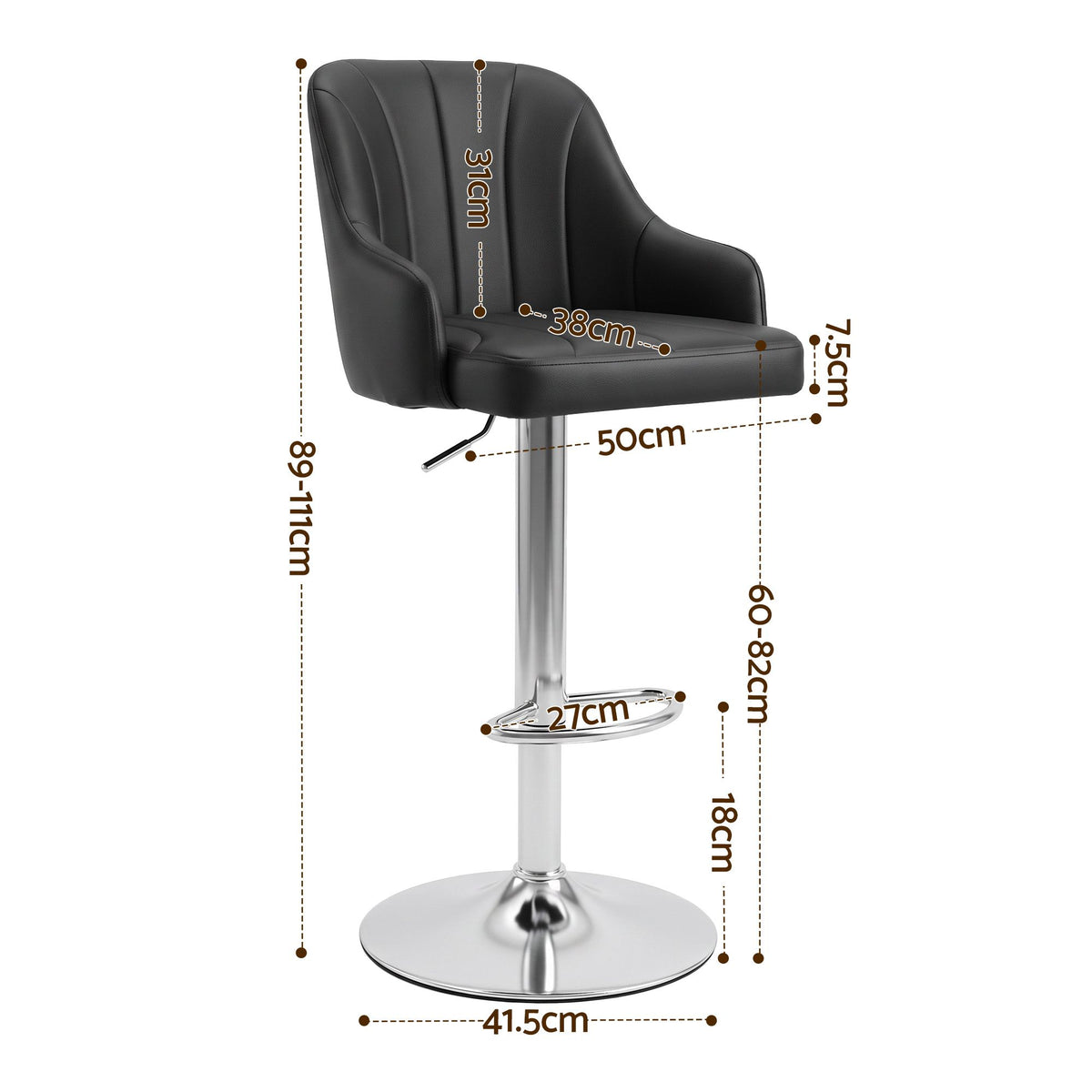 Set of 2 Gas Lift Adjustable Bar Stools with Curved Striped Backrest - Black