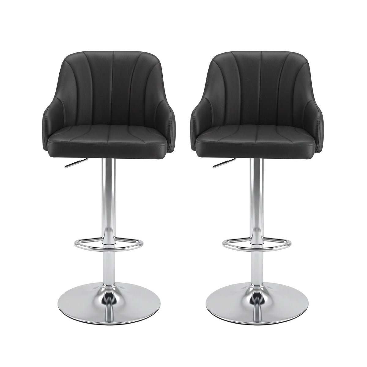Set of 2 Gas Lift Adjustable Bar Stools with Curved Striped Backrest - Black