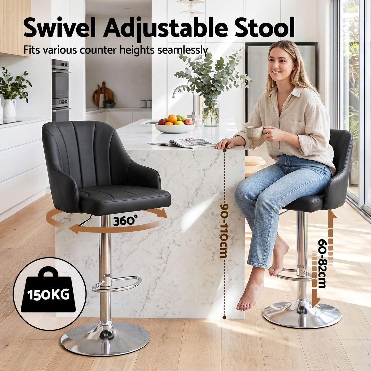 Set of 2 Gas Lift Adjustable Bar Stools with Curved Striped Backrest - Black