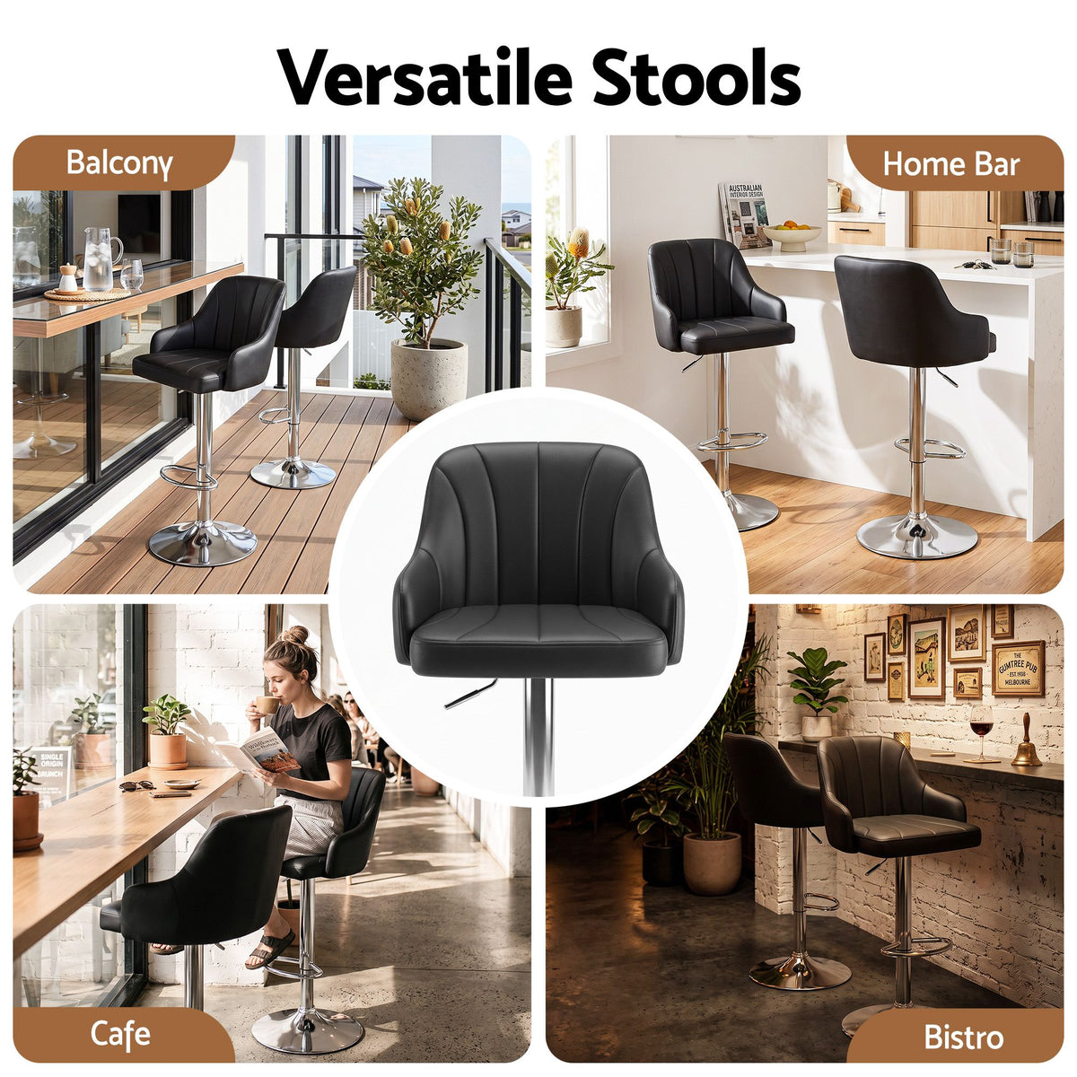 Set of 2 Gas Lift Adjustable Bar Stools with Curved Striped Backrest - Black