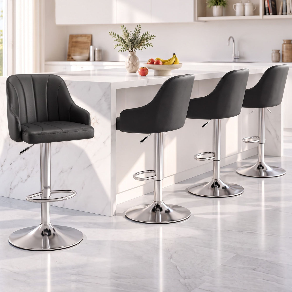Set of 4 Gas Lift Adjustable Bar Stools with Curved Striped Backrest - Black