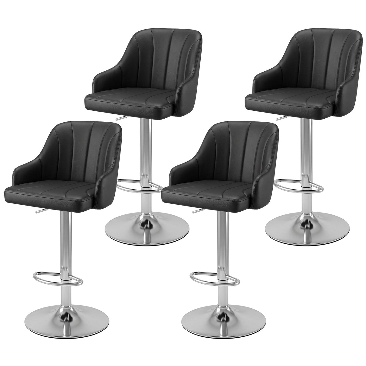 Set of 4 Gas Lift Adjustable Bar Stools with Curved Striped Backrest - Black
